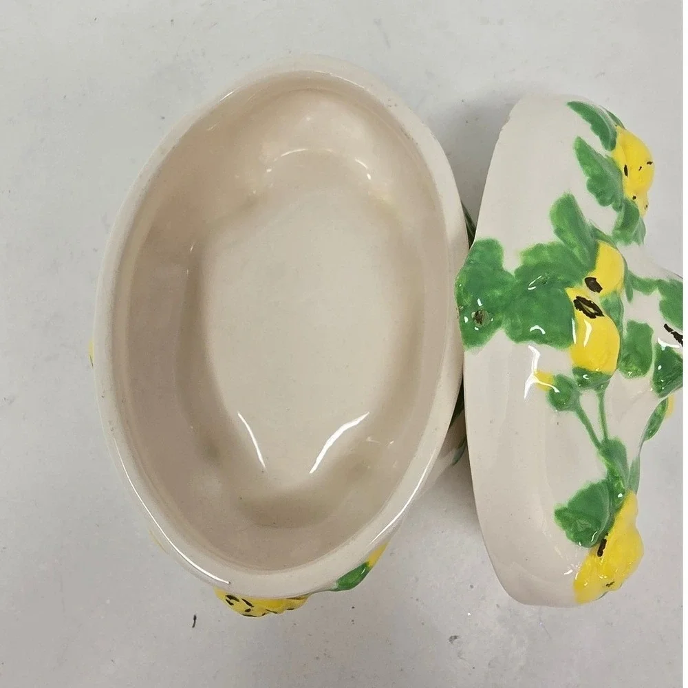 Vtg ceramic footed trinket dish w/lid yellow green roses floral cottagecore